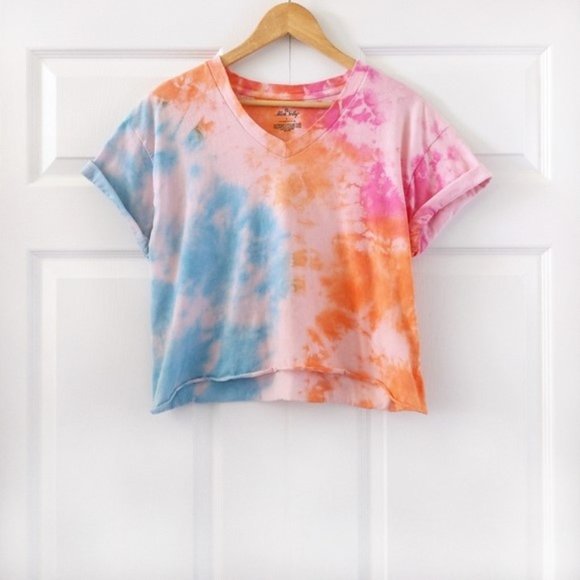 Tops - Tie Dye Cropped T-Shirt Teal/Pink/Tangerine | L